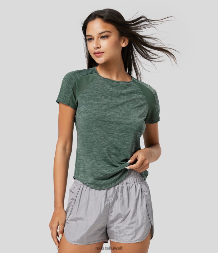 ملابس رياضية الملمس الأخضر TDP4N1821 نحيف Halara قميص رياضي للتمرين بأكمام راجلان شبكية متباينة وحاشية منحنية