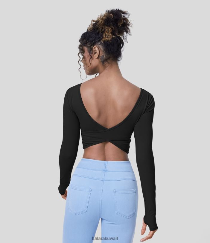 ملابس رياضية أسود TDP4N1824 نحيف Halara بلوزة يوغا رياضية مقصوصة برقبة على شكل حرف U بدون ظهر وفتحة إبهام