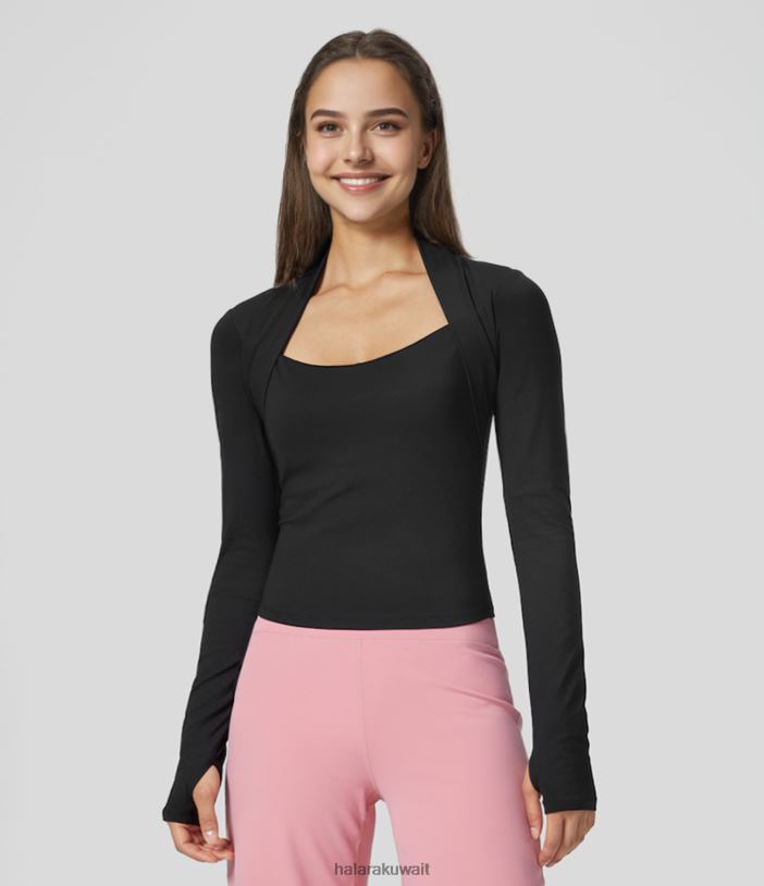 ملابس رياضية أسود TDP4N1825 نحيف Halara سترة علوية رياضية لليوجا بأكمام طويلة وفتحة إبهام 2 في 1 من Softlyzero