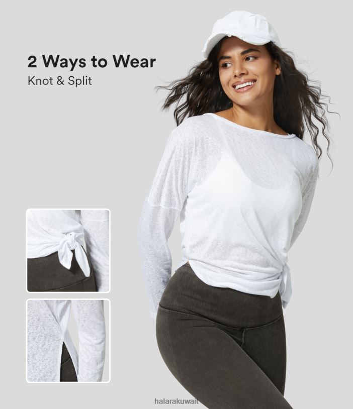 ملابس رياضية أبيض TDP4N1827 نحيف Halara بلوزة رياضية لليوجا من قماش الجاكار بياقة دائرية وأكتاف منسدلة وحاشية مقسمة