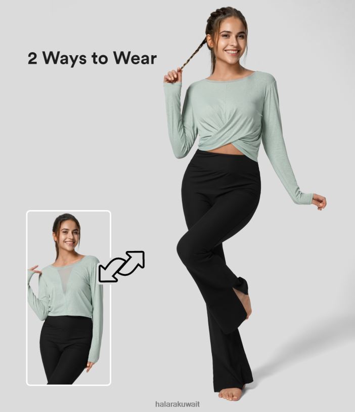 ملابس رياضية رذاذ الأمواج TDP4N1829 نحيف Halara رقبة دائرية وأكمام طويلة وحاشية متقاطعة شبكية متباينة، سترة رياضية لليوجا الصلبة