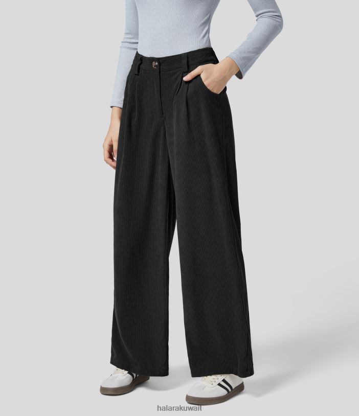 ملابس أسود TDP4N182 نحيف Halara سروال كاجوال بأزرار متوسطة الارتفاع وجيب جانبي وسروال قصير سادة واسع الساق