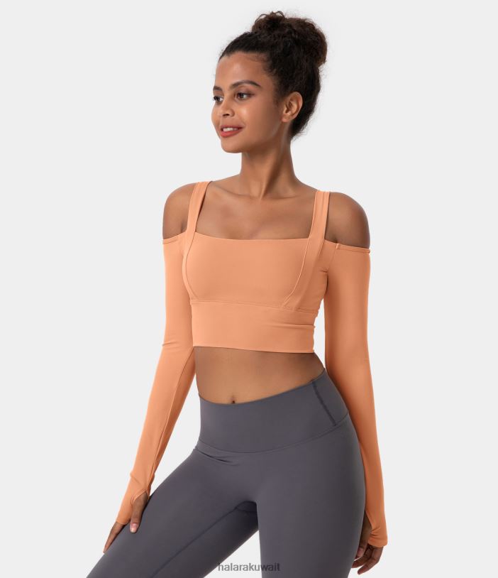 ملابس رياضية غسل المشمش TDP4N1833 نحيف Halara بلوزة رياضية مقصوصة برقبة مربعة وكتف بارد وفتحة للإبهام