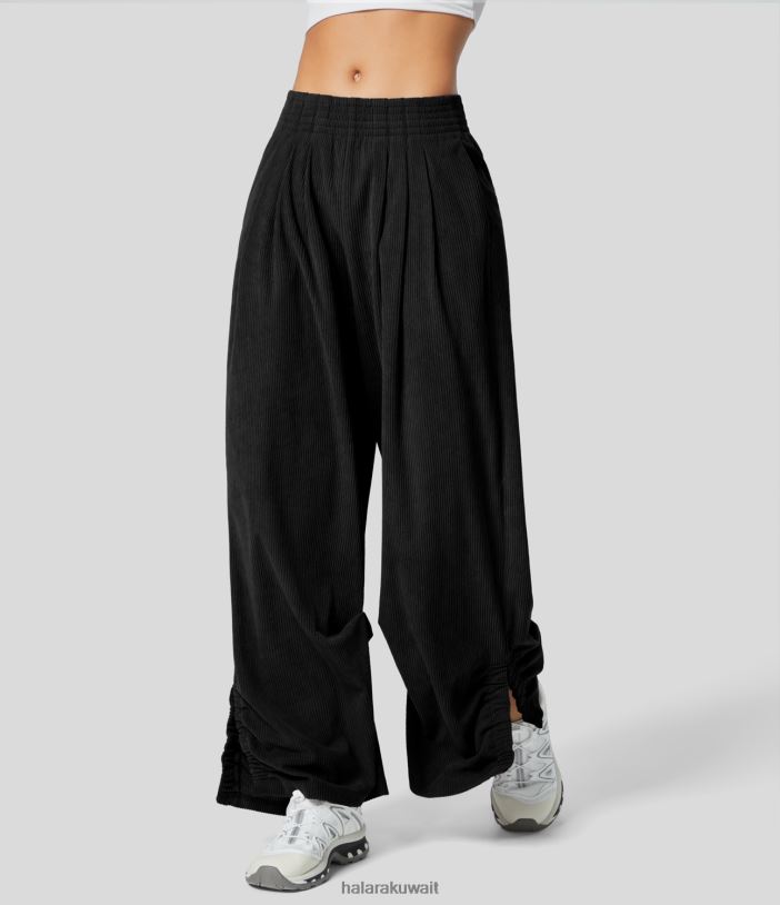 ملابس رياضية أسود TDP4N183 نحيف Halara سروال قصير متوسط ​​الارتفاع بحزام خصر مرن وجيب جانبي وحاشية مقسمة مكشكشة كاجوال بأرجل واسعة