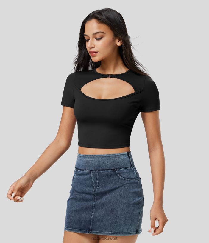 ملابس رياضية أسود TDP4N1842 نحيف Halara سترة رياضية كاجوال قصيرة الأكمام برقبة دائرية من القطيفة من Softlyzero