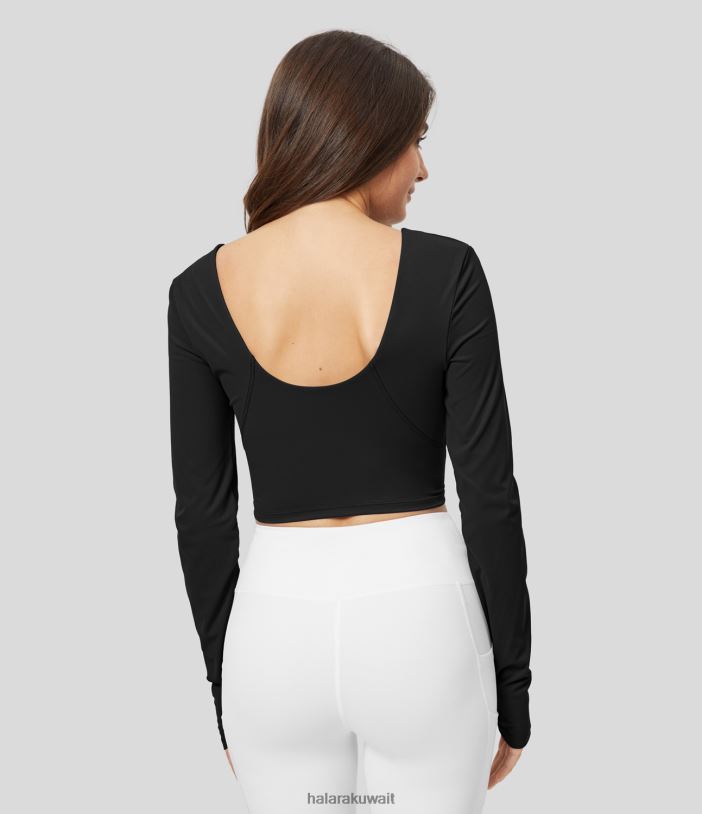 ملابس رياضية أسود TDP4N1846 نحيف Halara توب مبطن برقبة على شكل حرف V وفتحة إبهام بدون ظهر وقصّة رياضية لليوجا