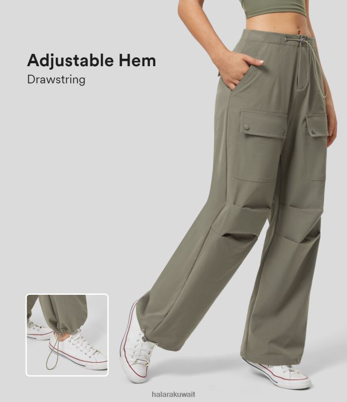 ملابس نجيل الهند TDP4N184 نحيف Halara سراويل كارجو كاجوال متوسطة الارتفاع بجيوب متعددة وحاشية برباط قابلة للتعديل وساق واسعة