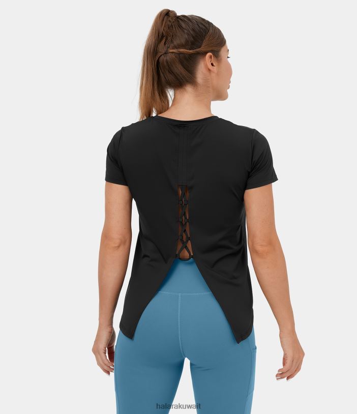 ملابس رياضية أسود TDP4N1856 نحيف Halara بلوزة رياضية لليوجا برقبة دائرية وأكمام قصيرة متقاطعة وربطة عنق من الخلف