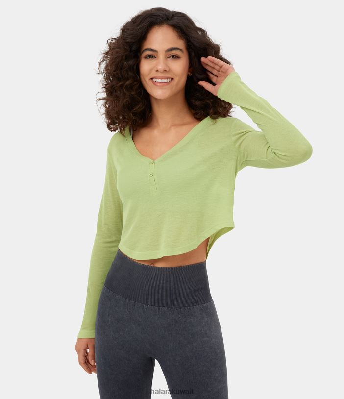 ملابس رياضية قصب TDP4N1857 نحيف Halara قميص رياضي كاجوال قصير بأكمام طويلة وزر رقبة على شكل حرف V وحاشية منحنية