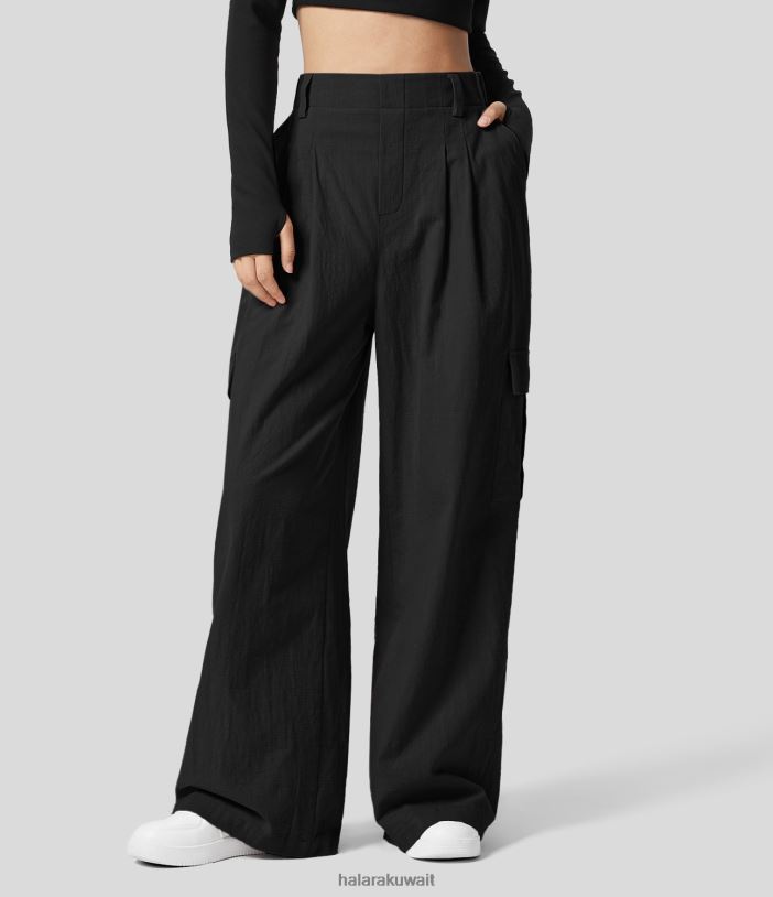 ملابس أسود TDP4N185 نحيف Halara سراويل قطنية غير رسمية ذات خصر مرتفع ومطويات متعددة وأرجل واسعة وواسعة من القطن