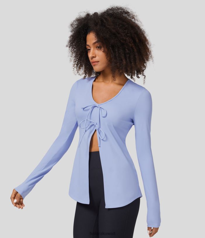ملابس رياضية بلشون أزرق TDP4N1863 نحيف Halara بلوزة يوغا رياضية بأكمام طويلة وربطة أمامية مقسمة
