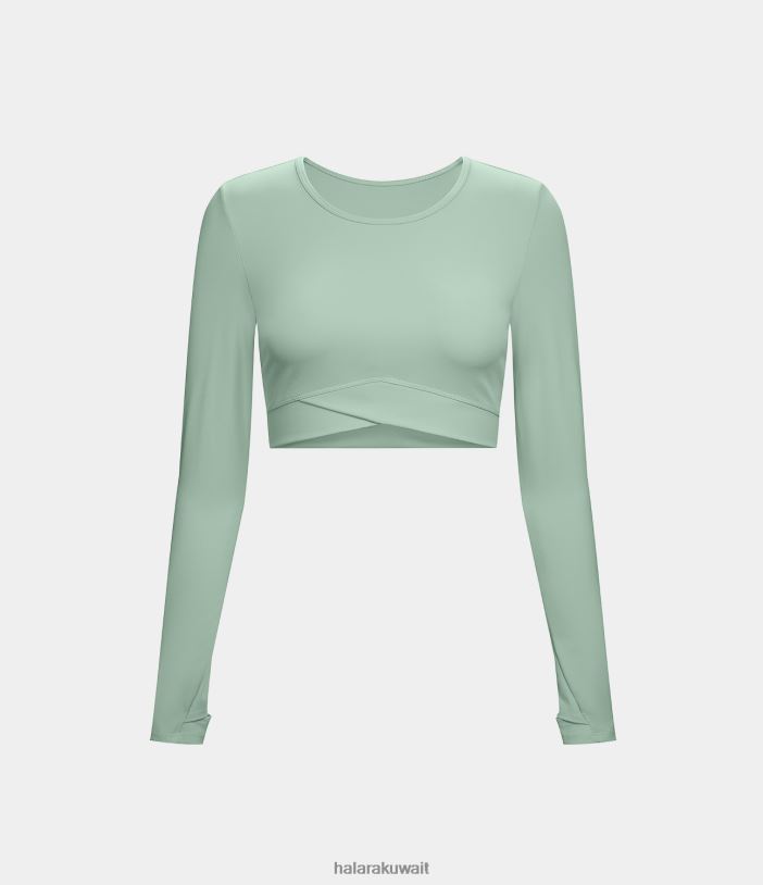 ملابس رياضية أخضر خفي TDP4N1865 نحيف Halara سترة رياضية لليوجا مقصوصة بفتحة إبهام من القطيفة من Softlyzero