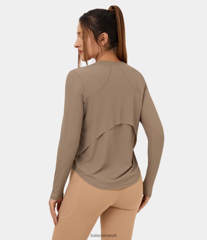 ملابس رياضية أمفورا TDP4N1867 نحيف Halara بلوزة رياضية لليوجا برقبة دائرية وحاشية منحنية وشبكة متباينة