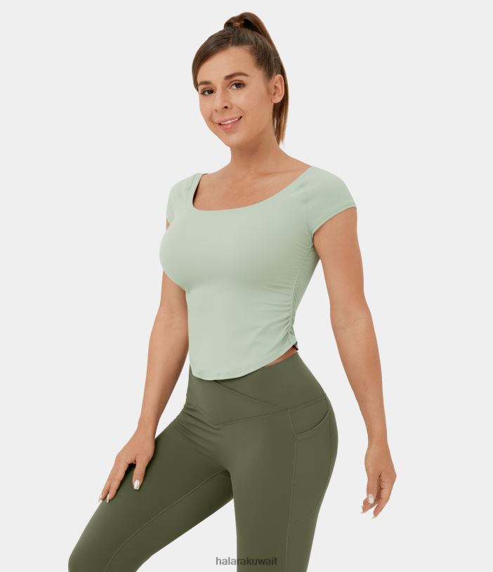 ملابس رياضية إبداعي TDP4N1868 نحيف Halara بلوزة رياضية كاجوال قصيرة الأكمام برقبة على شكل حرف U وحاشية منحنية مكشكشة