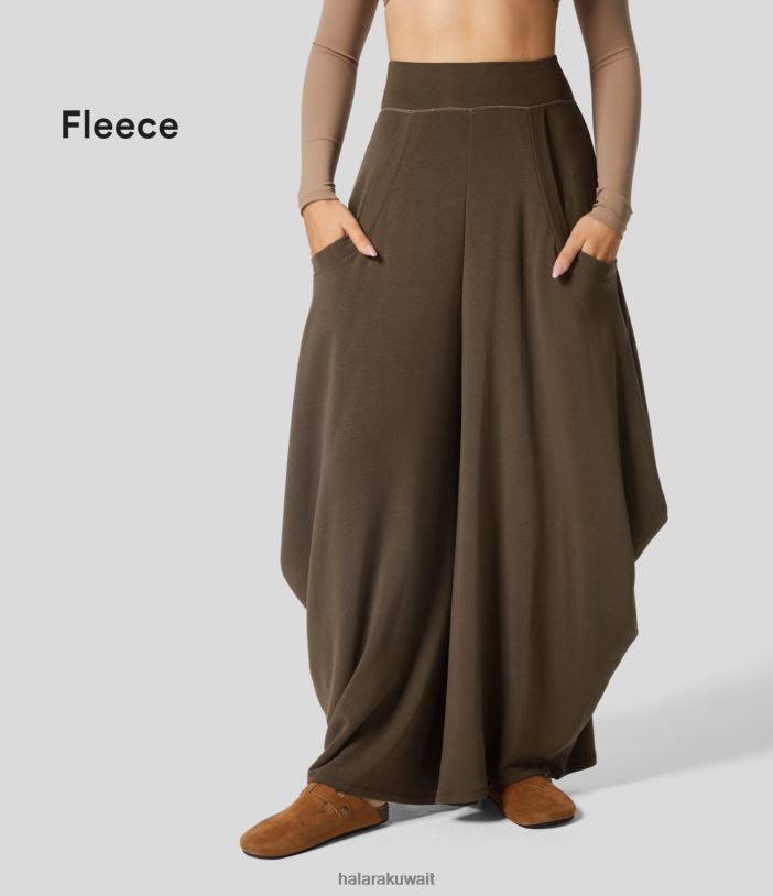 ملابس رياضية إبداعي TDP4N186 نحيف Halara بنطلون كاجوال من الصوف بجيوب متعددة متوسط ​​الارتفاع ملفوف بأرجل واسعة