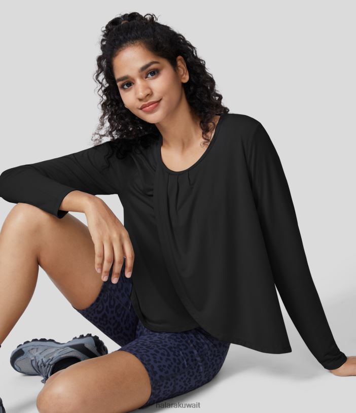 ملابس رياضية أسود TDP4N1872 نحيف Halara بلوزة رياضية لليوغا برقبة دائرية وأكمام طويلة وأكمام طويلة