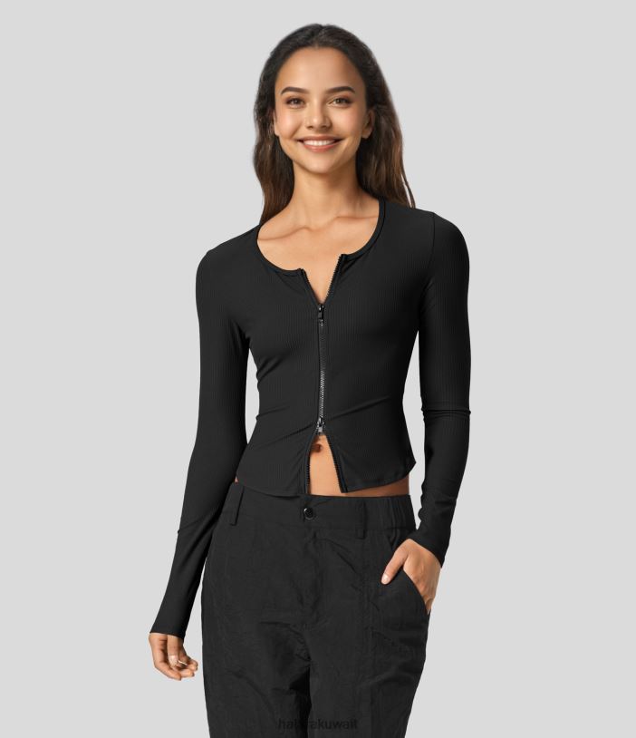 ملابس رياضية أسود TDP4N1874 نحيف Halara بلوزة رياضية لليوجا برقبة دائرية مضلعة وسحاب في الاتجاهين وأكمام طويلة