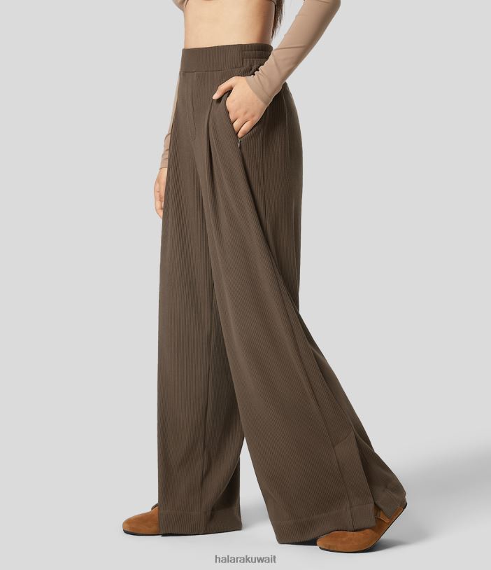 ملابس بني ترابي سميك TDP4N187 نحيف Halara بنطال غير رسمي متماسك بخصر عالٍ ومطوي وجيوب متعددة وحاشية مقسمة وساق واسعة