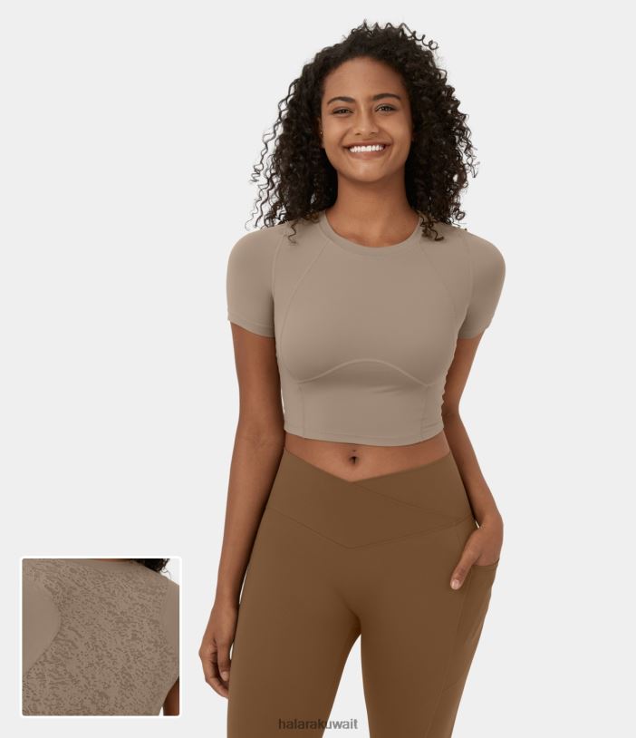 ملابس رياضية اللوزين TDP4N1889 نحيف Halara بلوزة رياضية لليوجا بياقة دائرية وأكمام قصيرة من الجاكار