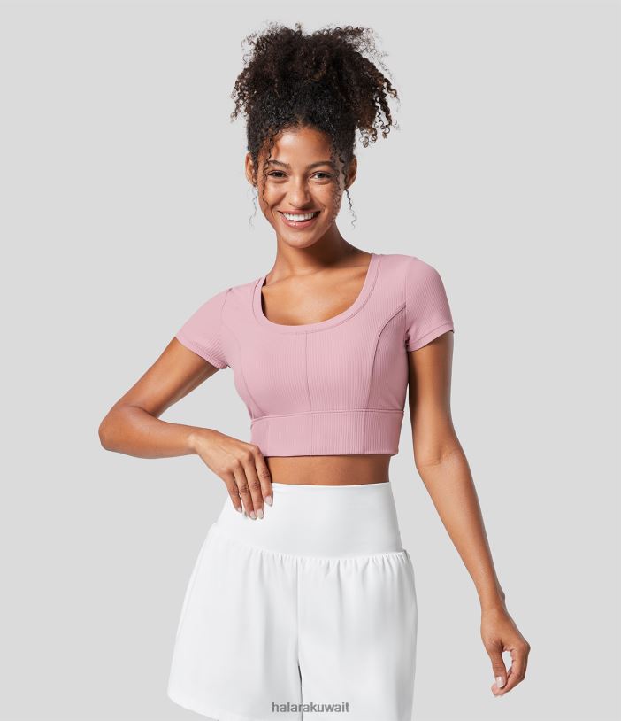ملابس رياضية خبازي مبيض TDP4N1893 نحيف Halara بلوزة رياضية كاجوال قصيرة الأكمام برقبة على شكل حرف U مضلعة