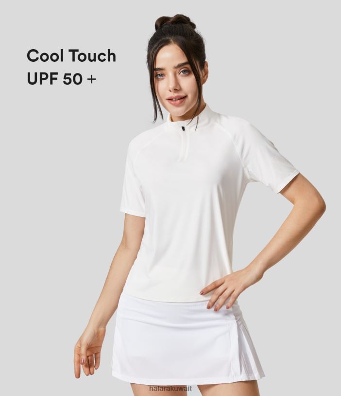 ملابس رياضية أبيض TDP4N1894 نحيف Halara ياقة واقفة، نصف سحاب، كم راجلان، قميص رياضي للجولف ذو ملمس رائع