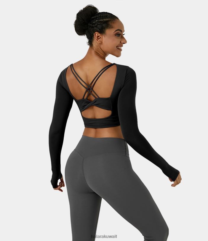 ملابس رياضية أسود TDP4N1895 نحيف Halara سترة رياضية قصيرة بفتحة إبهام من القطيفة من Softlyzero بدون ظهر متقاطعة