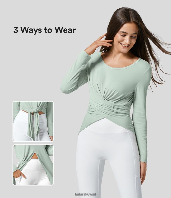 ملابس رياضية أعدل اليشم TDP4N1903 نحيف Halara رقبة دائرية مضلعة وأكمام طويلة وزر حاشية متقاطعة، سترة رياضية لليوجا الصلبة
