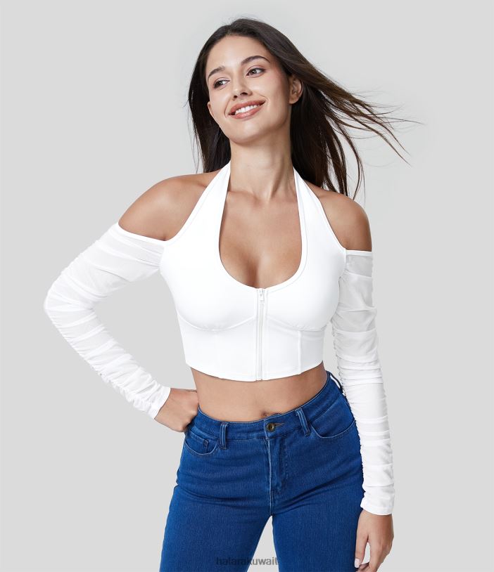 ملابس رياضية أبيض TDP4N1905 نحيف Halara سترة Softlyzero Airy Halter بدون ظهر وسحاب شبكي متباين ومكشكشة وقصيرة ذات ملمس رائع