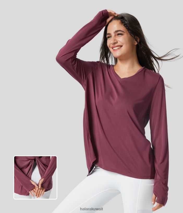 ملابس رياضية أحمر دماء الثور TDP4N1908 نحيف Halara بلوزة رياضية لليوجا بفتحة إبهام وفتحة رقبة على شكل حرف V