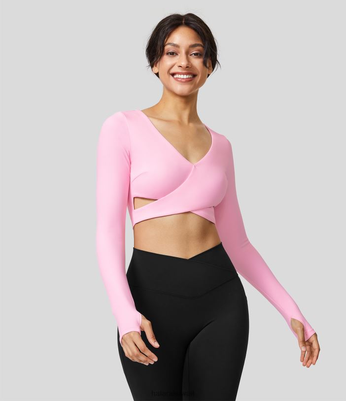 ملابس رياضية إبداعي TDP4N1911 نحيف Halara سترة رياضية لليوجا مقصوصة من القطيفة برقبة على شكل حرف V وفتحة إبهام وحاشية متقاطعة