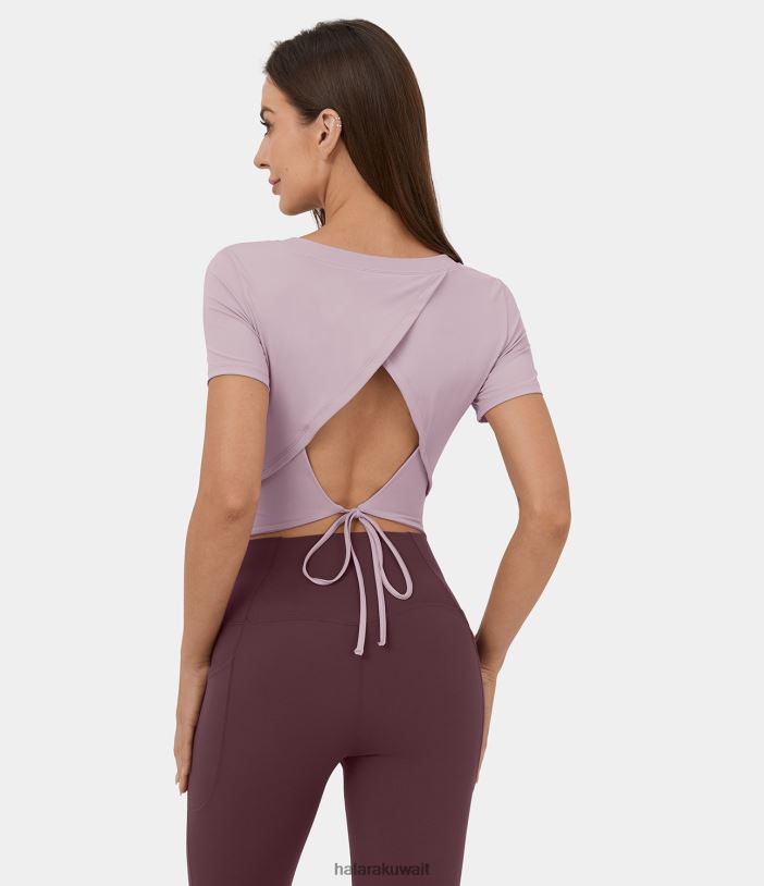 ملابس رياضية الوردي الأرجواني TDP4N1921 نحيف Halara قميص يوغا رياضي قصير الأكمام بدون ظهر مع رباط خلفي