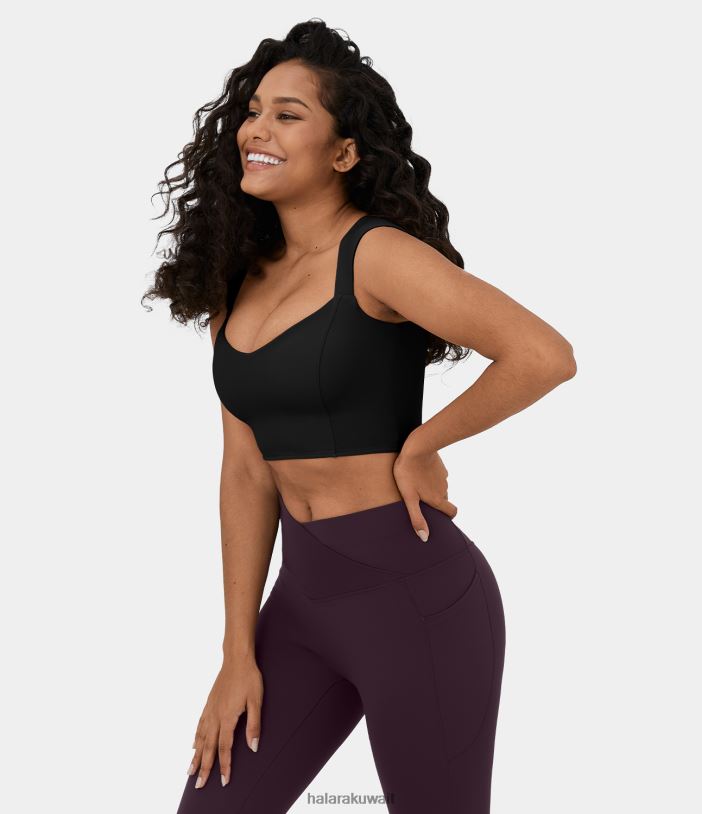 ملابس رياضية أسود TDP4N1924 نحيف Halara سترة رياضية لليوجا ذات ملمس رائع ورقبة مربعة وأكمام صغيرة من Softlyzero
