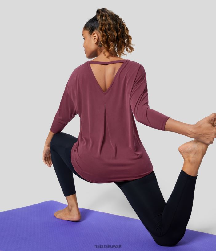 ملابس رياضية أحمر دماء الثور TDP4N1932 نحيف Halara بلوزة يوغا رياضية مطوية بطول 3/4 كم