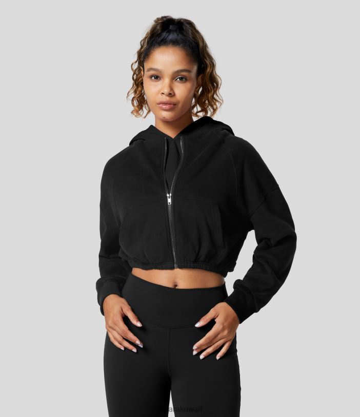 ملابس أسود TDP4N1938 نحيف Halara مقنعين السوستة الجانب جيب كتلة اللون اقتصاص البلوز القطن عارضة