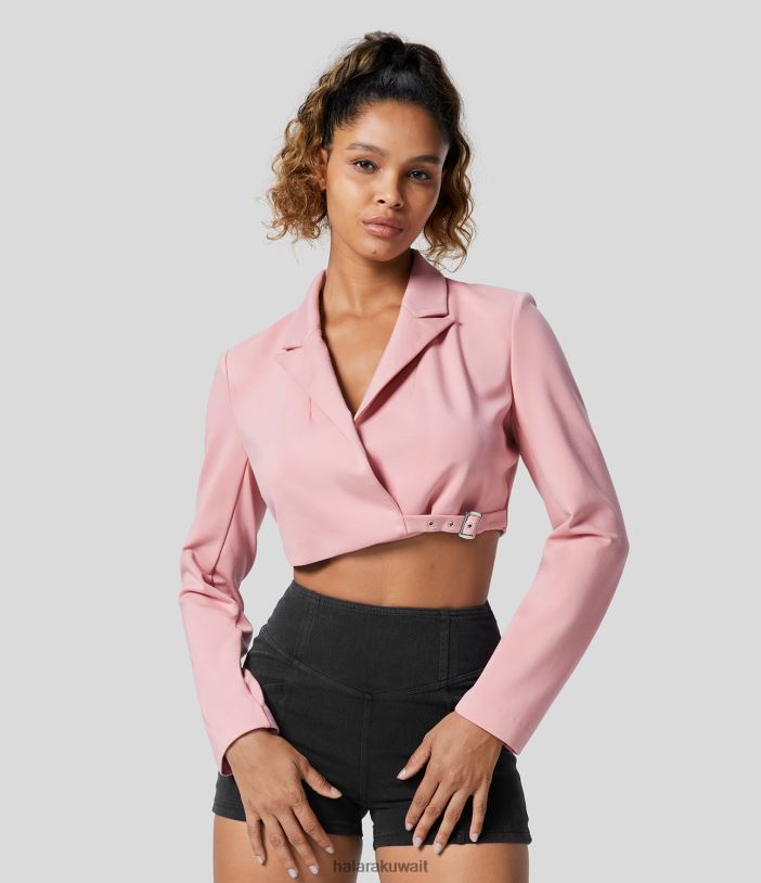 ملابس زهر الخوخ الوردي TDP4N1939 نحيف Halara سترة كتف بياقة مدببة وحاشية بإبزيم قابل للتعديل