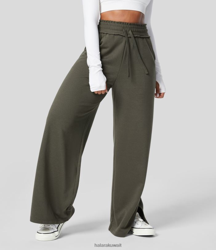ملابس ورق عنب TDP4N193 نحيف Halara بنطال رياضي قطني عالي الخصر برباط وجيب جانبي وحاشية مقسمة كاجوال بأرجل واسعة