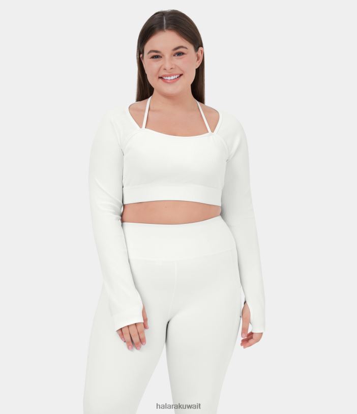 ملابس رياضية أبيض TDP4N1941 نحيف Halara فتحة إبهام بحزام رسن مضلع بالإضافة إلى حجم علوي قصير لليوجا الرياضية