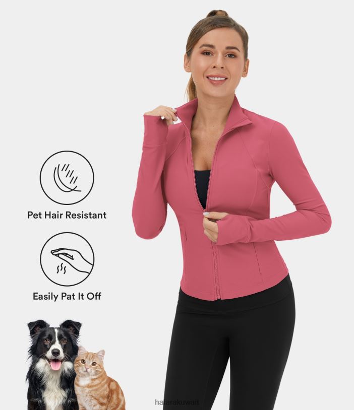 ملابس رياضية وردة الصحراء TDP4N1943 نحيف Halara سترة باتيتوف فلو مقاومة لشعر الحيوانات الأليفة وياقة واقفة وسحاب وجيب جانبي وفتحة إبهام