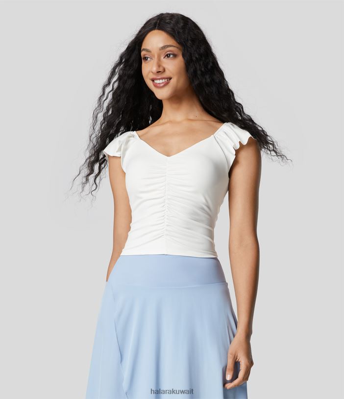 ملابس أبيض TDP4N1944 نحيف Halara بلوزة كاجوال مقصوصة برقبة على شكل حرف V وأكمام قصيرة مكشكشة بدون ظهر
