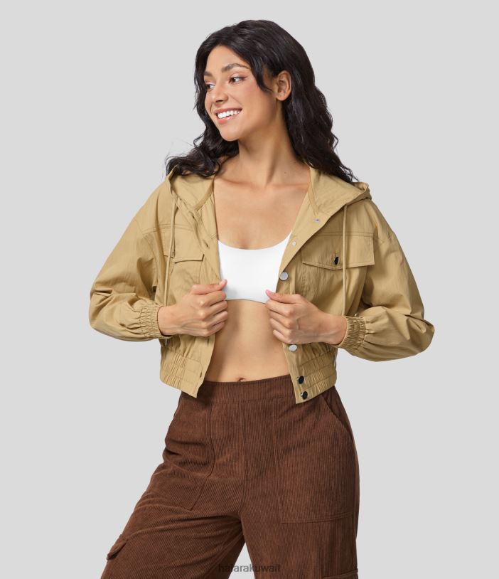 ملابس قبرة TDP4N1950 نحيف Halara سترة قطنية كاجوال قصيرة بغطاء للرأس برباط وجيب وزر وحاشية مقصوصة