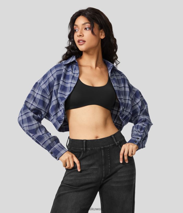 ملابس منقوشة زرقاء عميقة TDP4N1953 نحيف Halara سترة كاجوال منقوشة بأكمام طويلة وأزرار بياقة