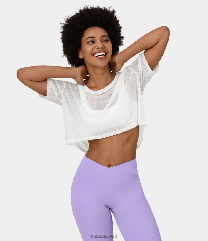 ملابس أبيض TDP4N1957 نحيف Halara بلوزة كاجوال شفافة بأكمام قصيرة