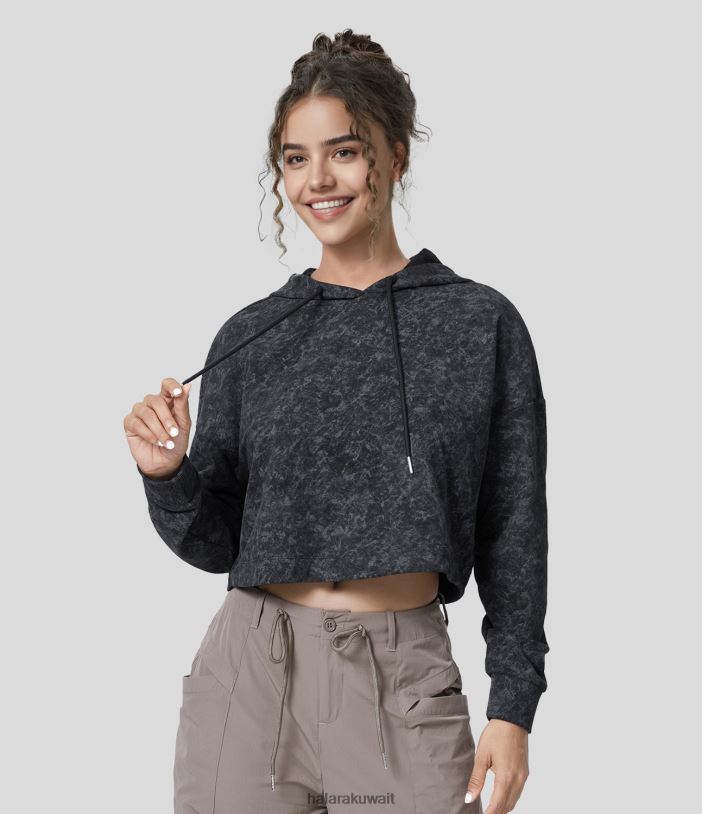 ملابس رياضية دخان رمادي غامق TDP4N1963 نحيف Halara سويت شيرت رياضي قطني كاجوال بغطاء للرأس وكتف منسدل ومغسول