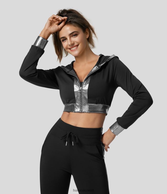 ملابس رياضية أسود TDP4N1965 نحيف Halara سترة يوجا بغطاء للرأس بسحاب متباين من Softlyzero ذات ألوان متباينة وملمس رائع
