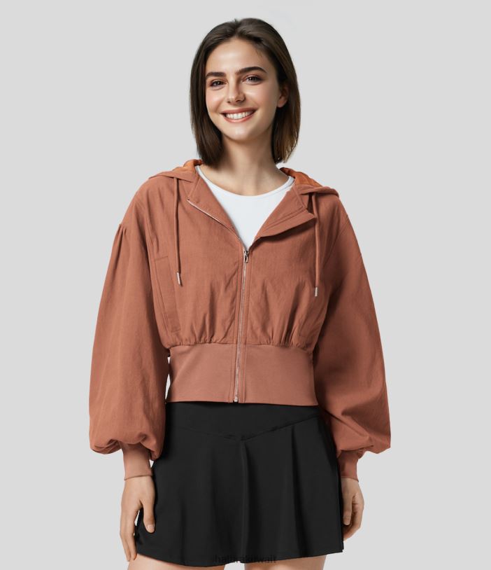 ملابس الصدأ الأحمر TDP4N1970 نحيف Halara سترة قطنية كاجوال قصيرة بغطاء للرأس وسحاب وجيب جانبي وحاشية مضلعة