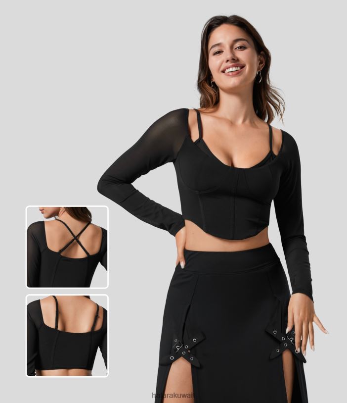 ملابس أسود TDP4N1973 نحيف Halara مشد شبكي شفاف بأكمام طويلة وحزام قابل للتعديل بدون ظهر