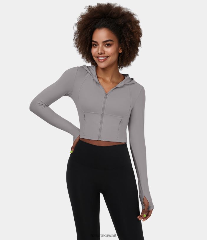 ملابس رياضية الرمادي الصلب TDP4N1975 نحيف Halara سترة Softlyzero بغطاء للرأس وسحاب جانبي وجيب جانبي وفتحة للإبهام