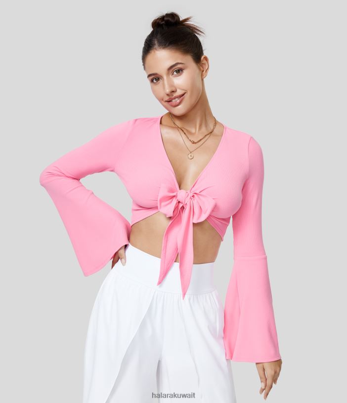 ملابس الوردي المرجاني TDP4N1978 نحيف Halara بلوزة كاجوال قصيرة الأكمام متماسكة على شكل حرف V وربطة عنق أمامية مضيئة وأكمام طويلة