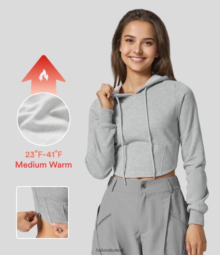 ملابس الضباب الرمادي TDP4N1979 نحيف Halara سترة بغطاء للرأس بأكمام طويلة وسحاب غير مرئي وحاشية منحنية مقصوصة من الصوف النحيف من القطن