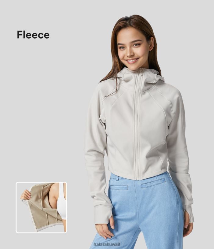 ملابس رياضية اليسوم الأبيض TDP4N1980 نحيف Halara سترة كاجوال مقصوصة بأكمام راجلان وفتحة إبهام وسحاب من الصوف
